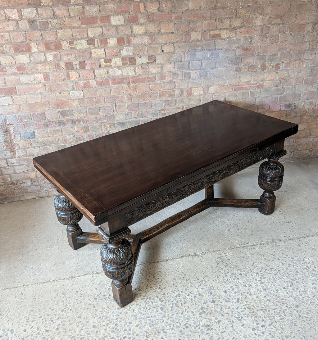 Antique 17th C Style Oak Refectory Extending Dining Table On Carved Bulbous Legs
