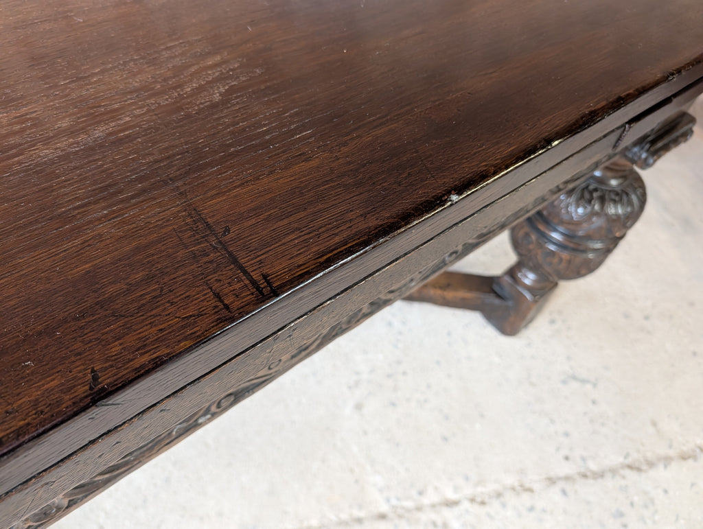 Antique 17th C Style Oak Refectory Extending Dining Table On Carved Bulbous Legs