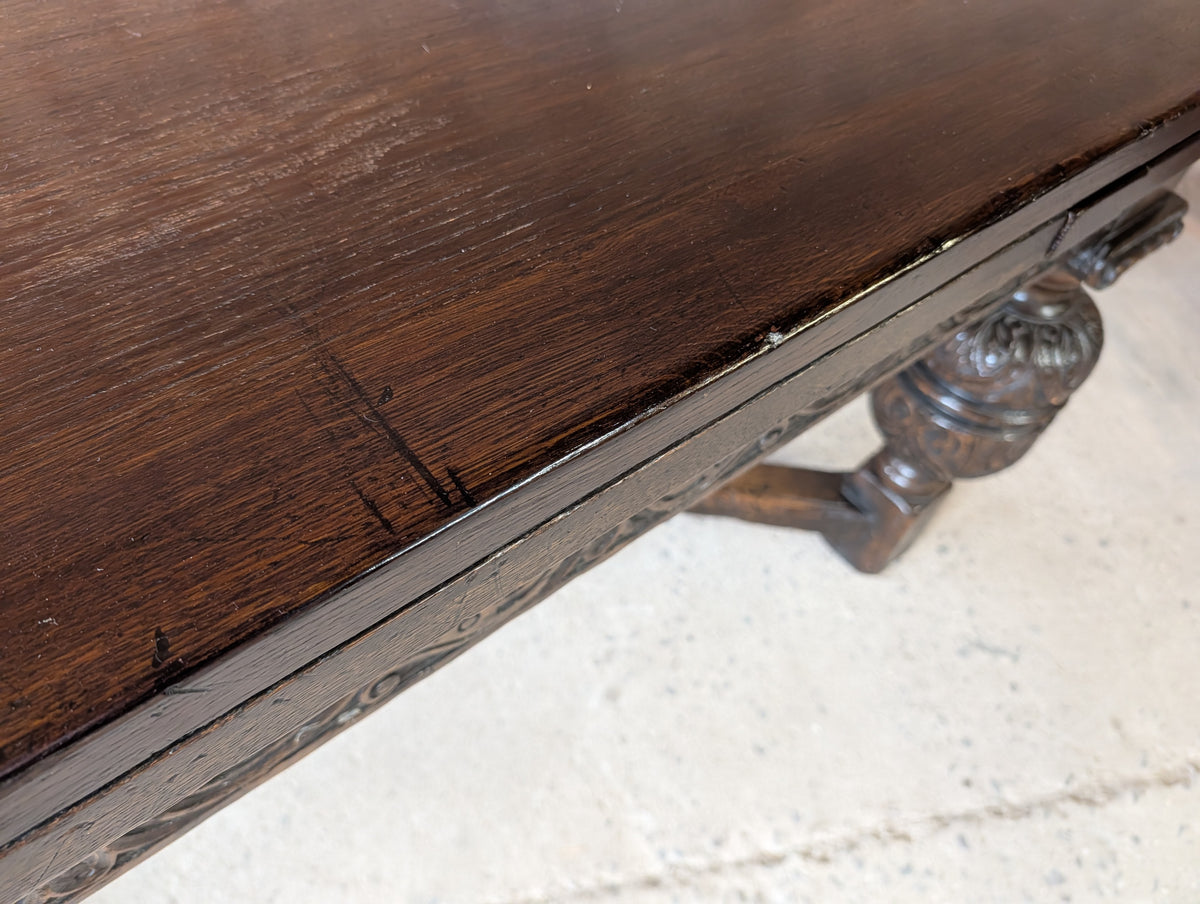 Antique 17th C Style Oak Refectory Extending Dining Table On Carved Bulbous Legs