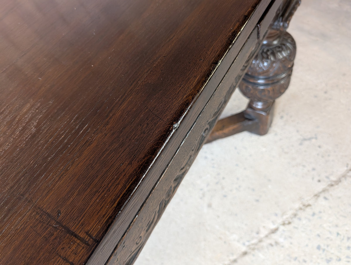 Antique 17th C Style Oak Refectory Extending Dining Table On Carved Bulbous Legs