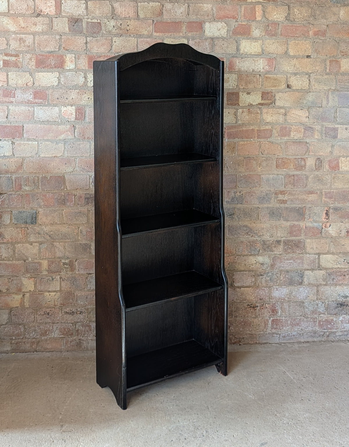 Vintage Oak Narrow Open Waterfall Bookcase With Arch Top