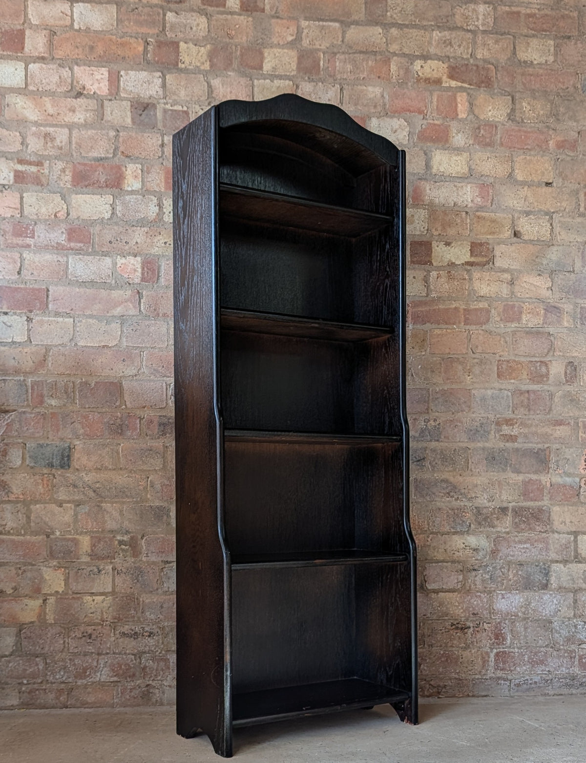 Vintage Oak Narrow Open Waterfall Bookcase With Arch Top
