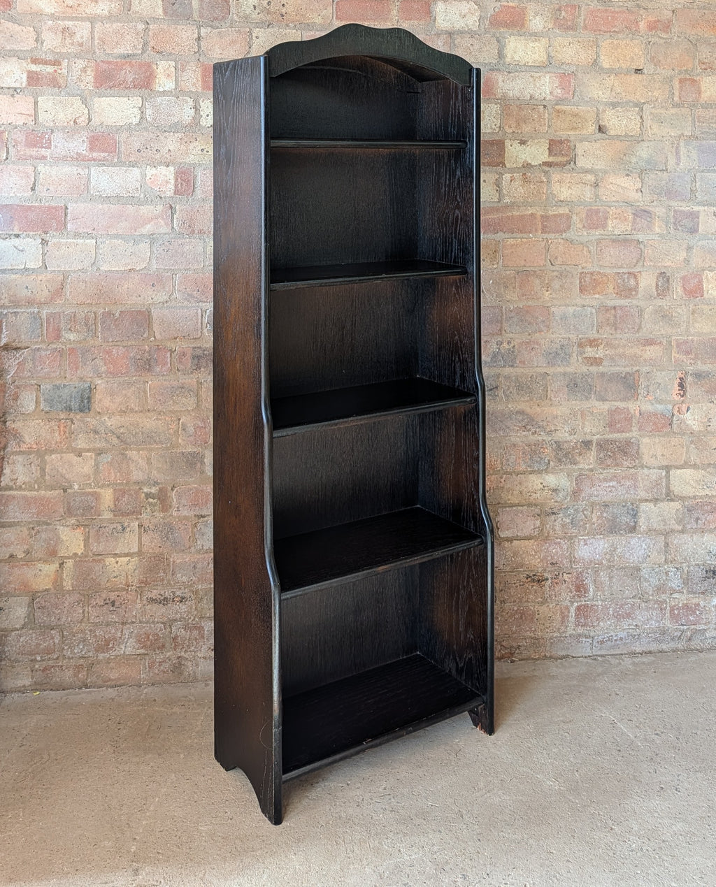 Vintage Oak Narrow Open Waterfall Bookcase With Arch Top