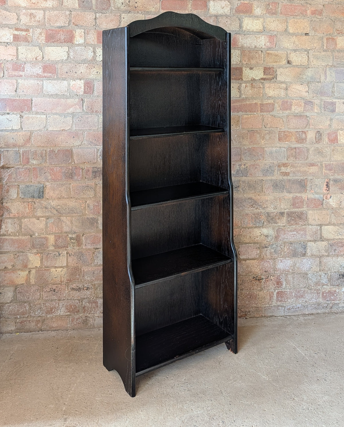 Vintage Oak Narrow Open Waterfall Bookcase With Arch Top