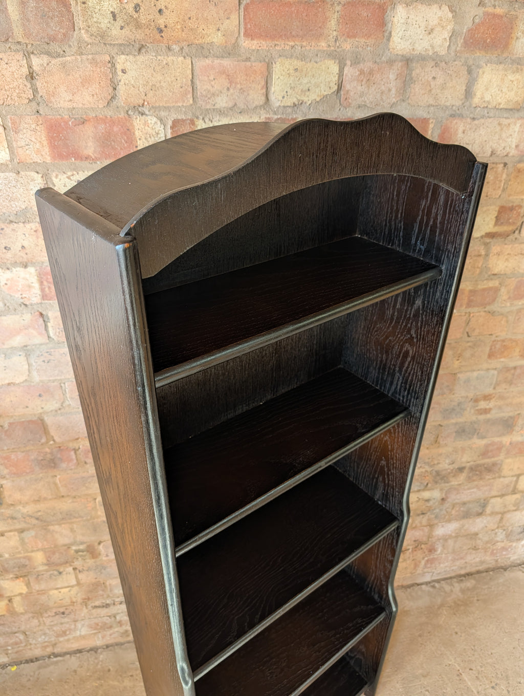 Vintage Oak Narrow Open Waterfall Bookcase With Arch Top