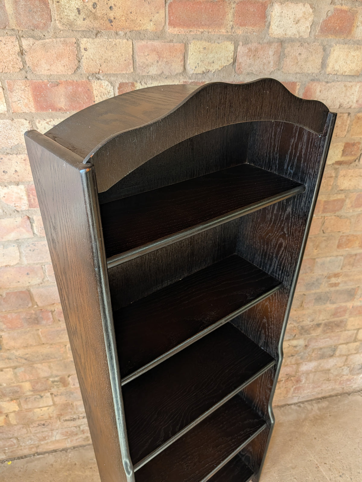 Vintage Oak Narrow Open Waterfall Bookcase With Arch Top