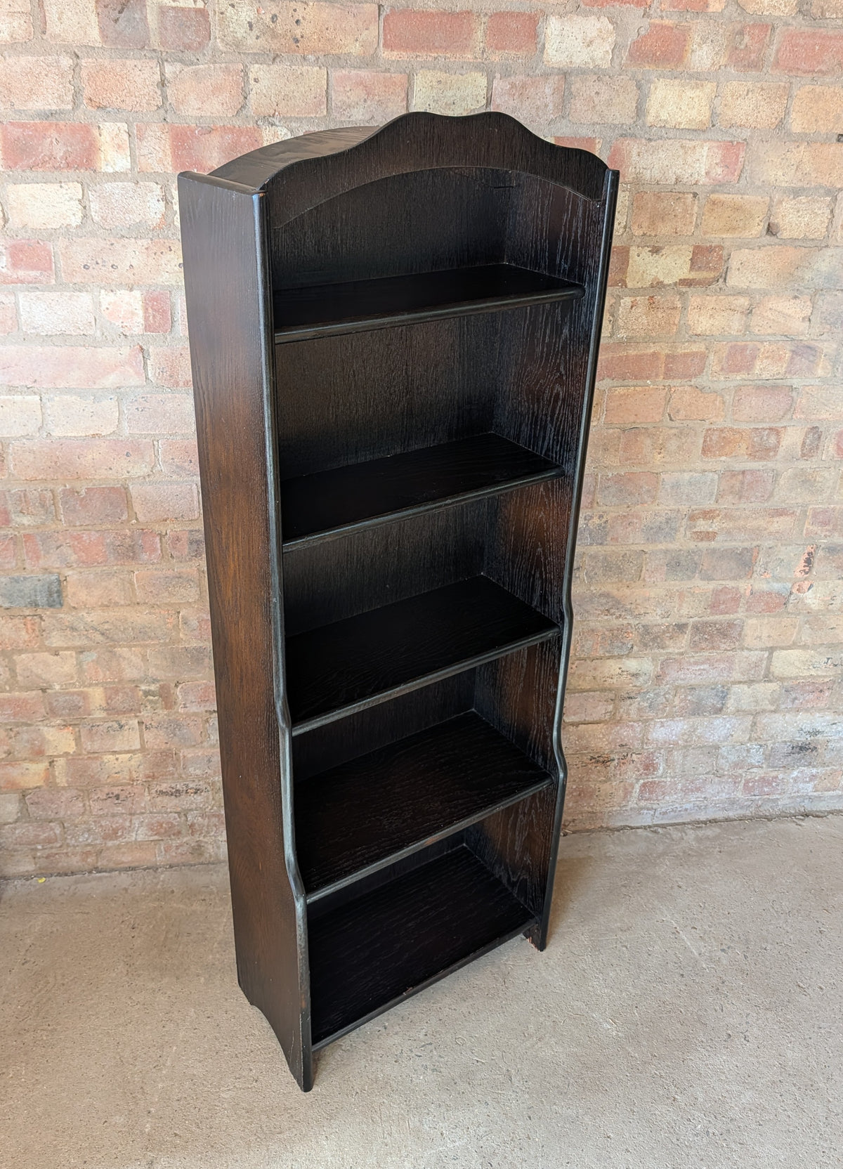 Vintage Oak Narrow Open Waterfall Bookcase With Arch Top