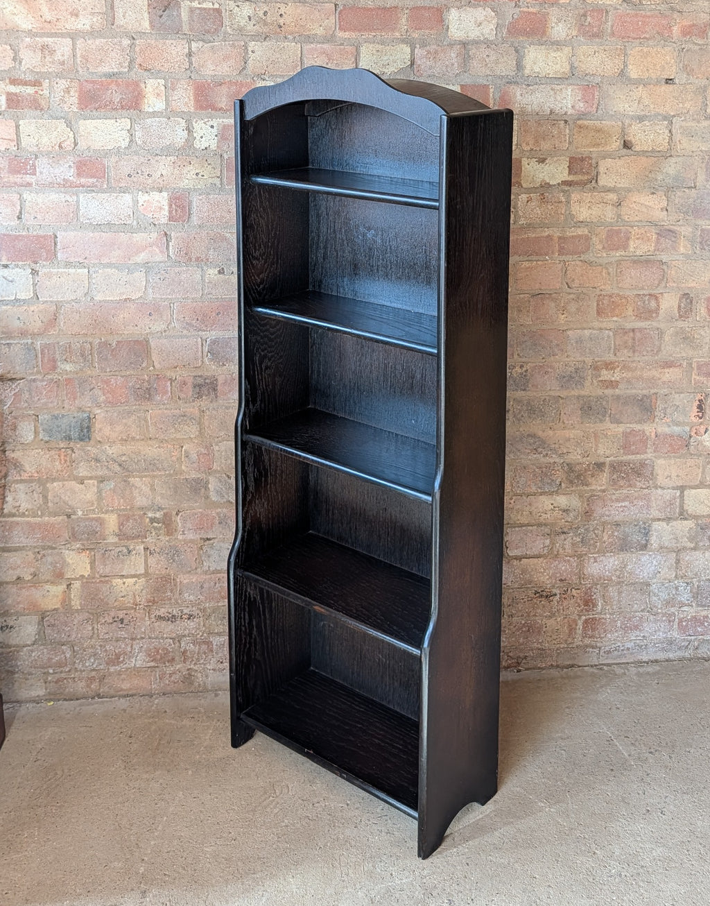 Vintage Oak Narrow Open Waterfall Bookcase With Arch Top
