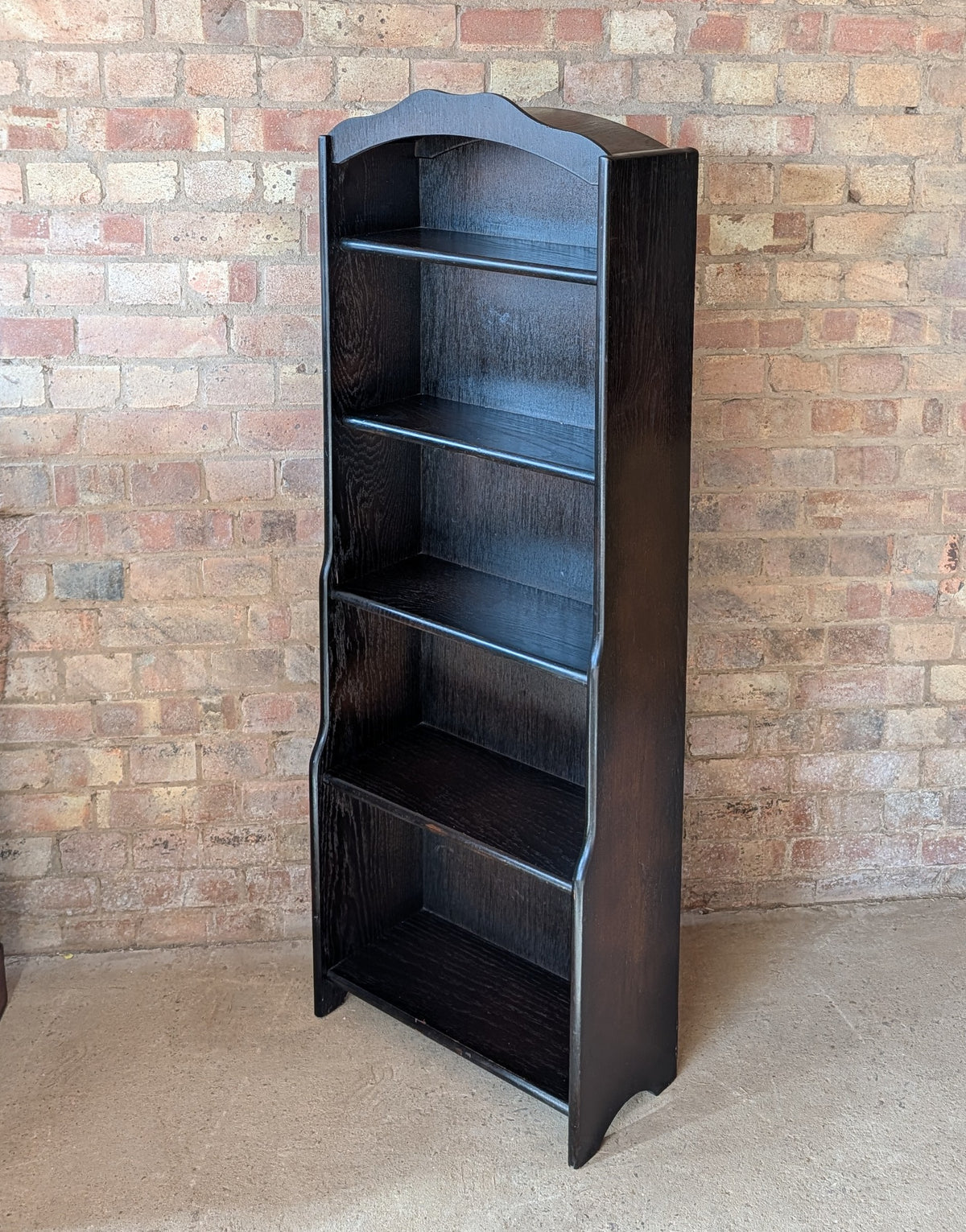Vintage Oak Narrow Open Waterfall Bookcase With Arch Top