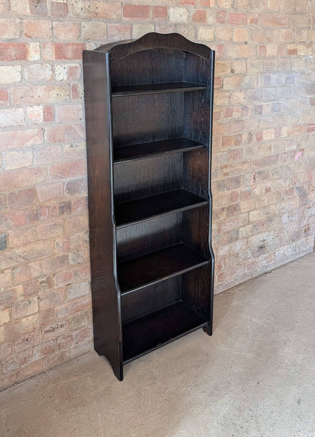 Vintage Oak Narrow Open Waterfall Bookcase With Arch Top