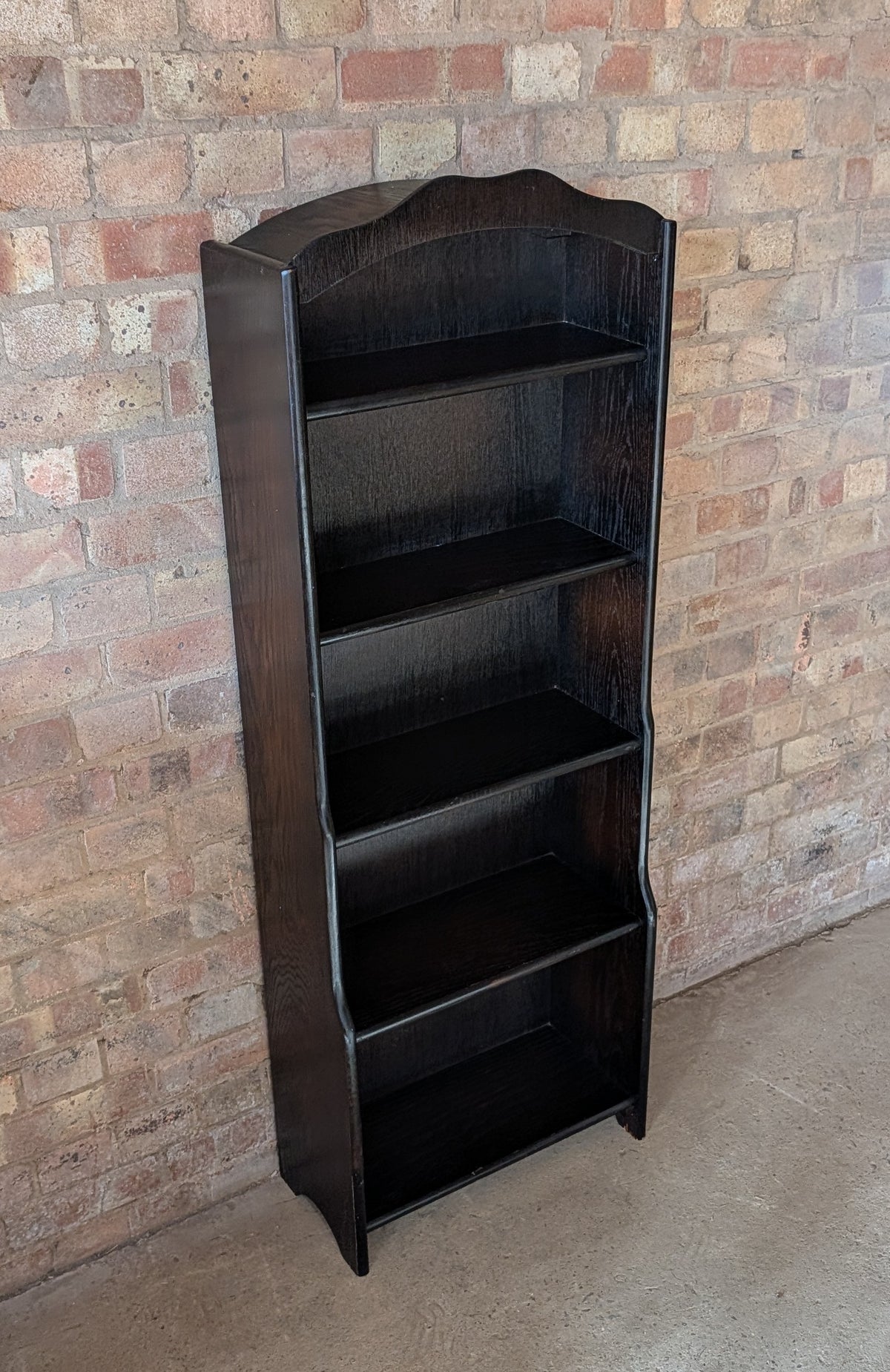 Vintage Oak Narrow Open Waterfall Bookcase With Arch Top
