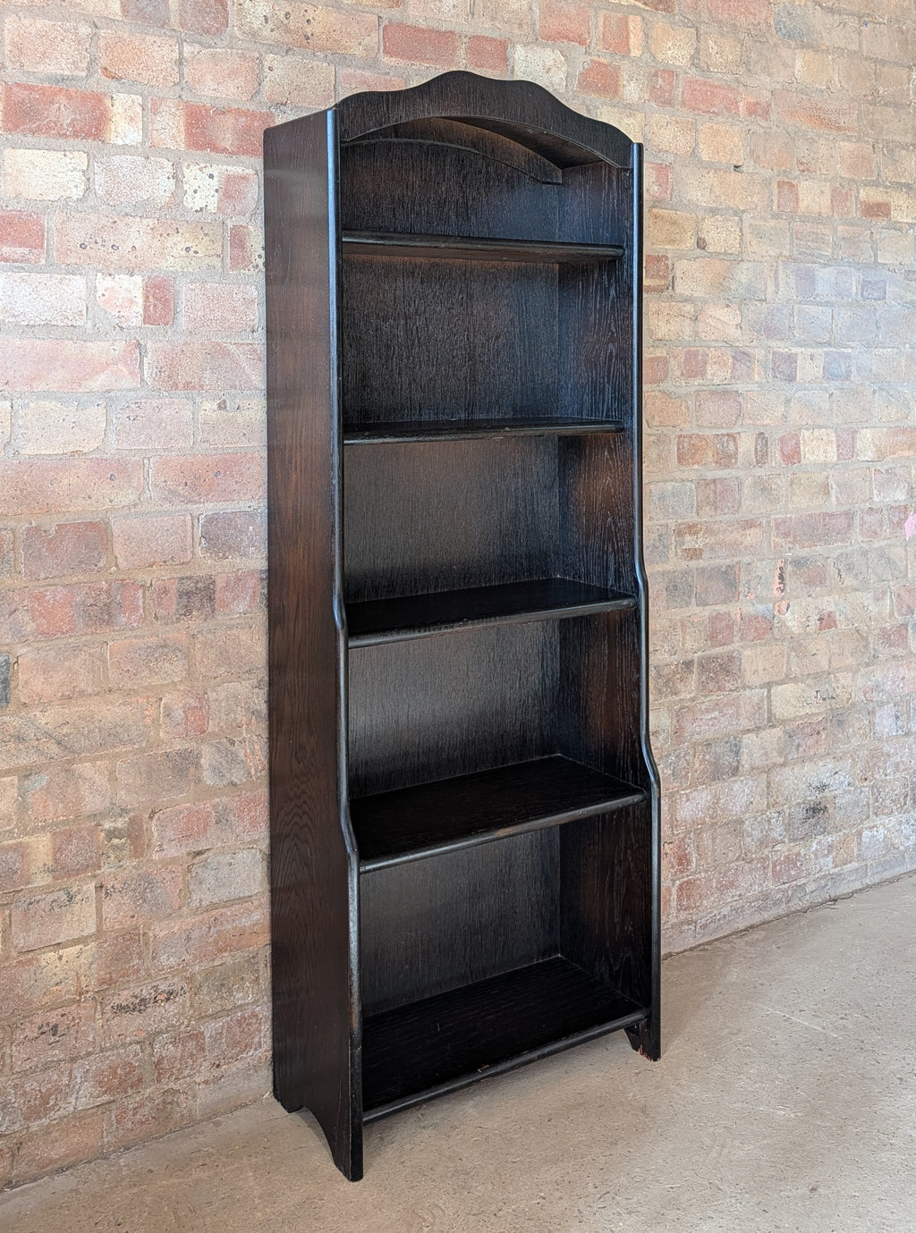 Vintage Oak Narrow Open Waterfall Bookcase With Arch Top