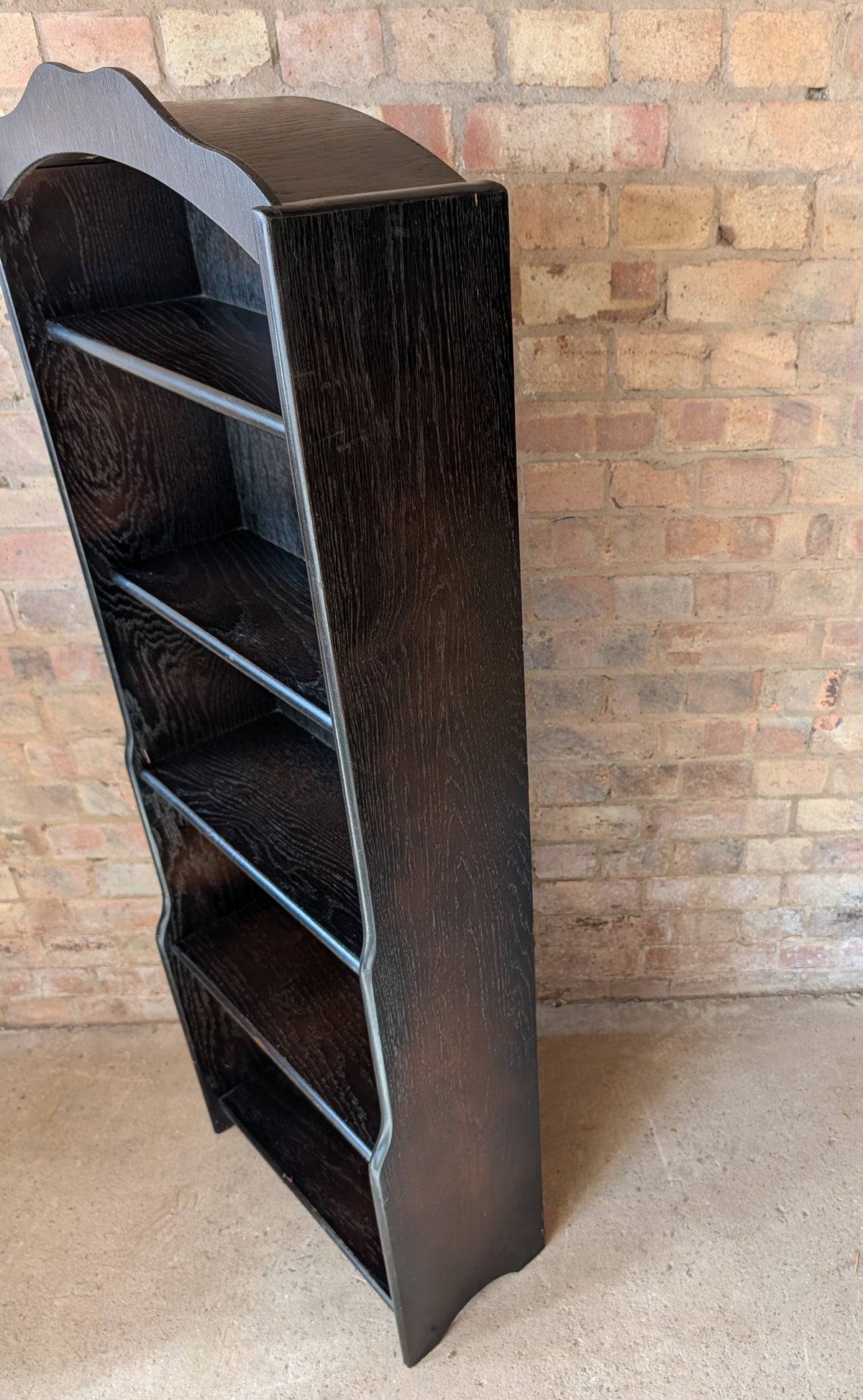 Vintage Oak Narrow Open Waterfall Bookcase With Arch Top