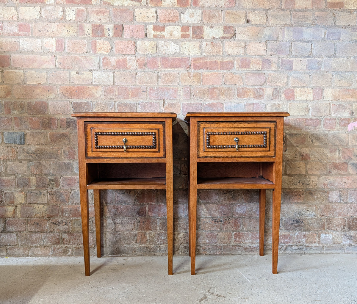 Pair Of Vintage Arts & Crafts Style Oak Bedside Cabinets Beaded Drawer Tables