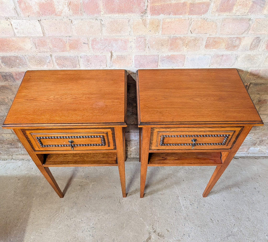 Pair Of Vintage Arts & Crafts Style Oak Bedside Cabinets Beaded Drawer Tables