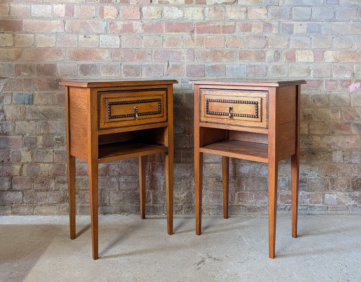 Pair Of Vintage Arts & Crafts Style Oak Bedside Cabinets Beaded Drawer Tables