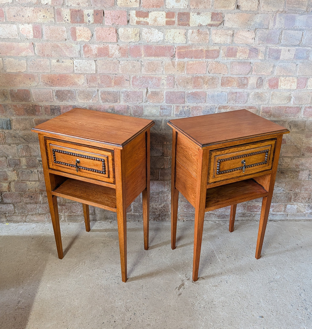 Pair Of Vintage Arts & Crafts Style Oak Bedside Cabinets Beaded Drawer Tables