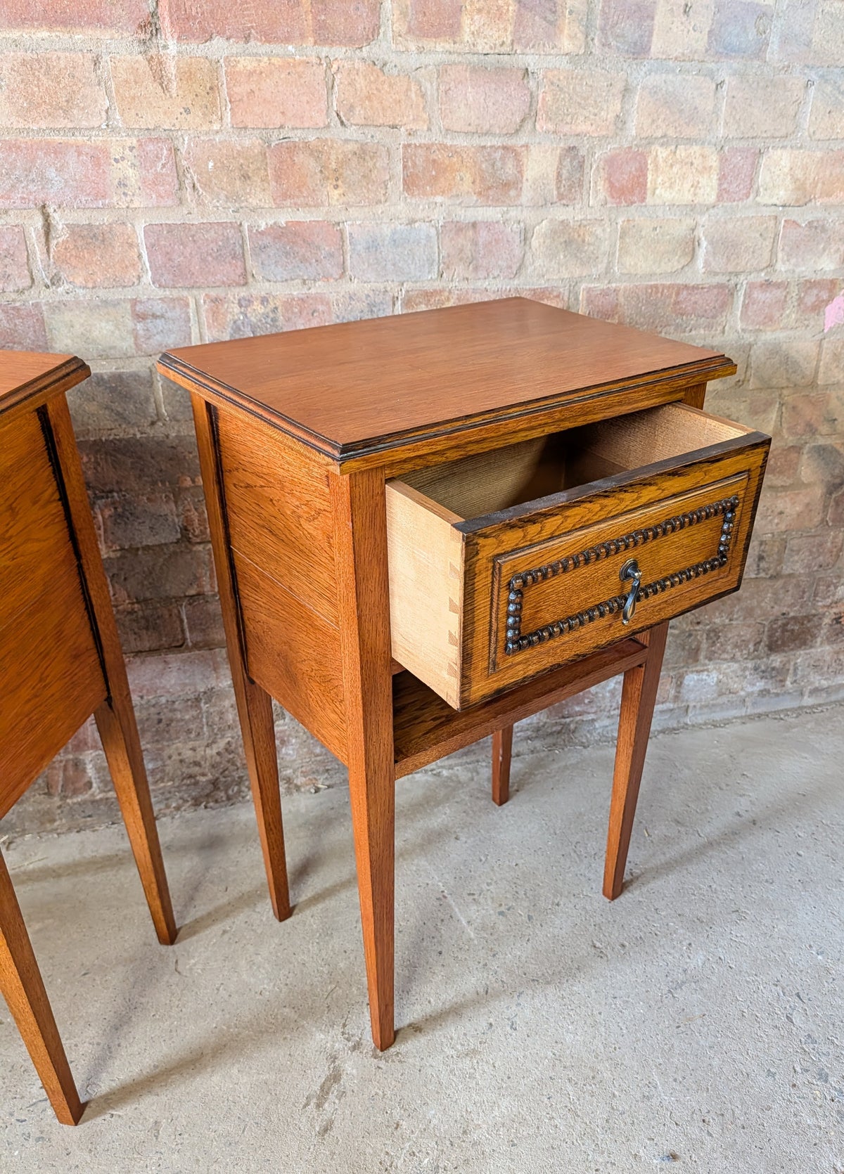 Pair Of Vintage Arts & Crafts Style Oak Bedside Cabinets Beaded Drawer Tables