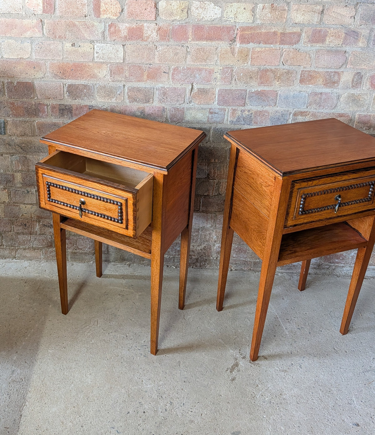 Pair Of Vintage Arts & Crafts Style Oak Bedside Cabinets Beaded Drawer Tables