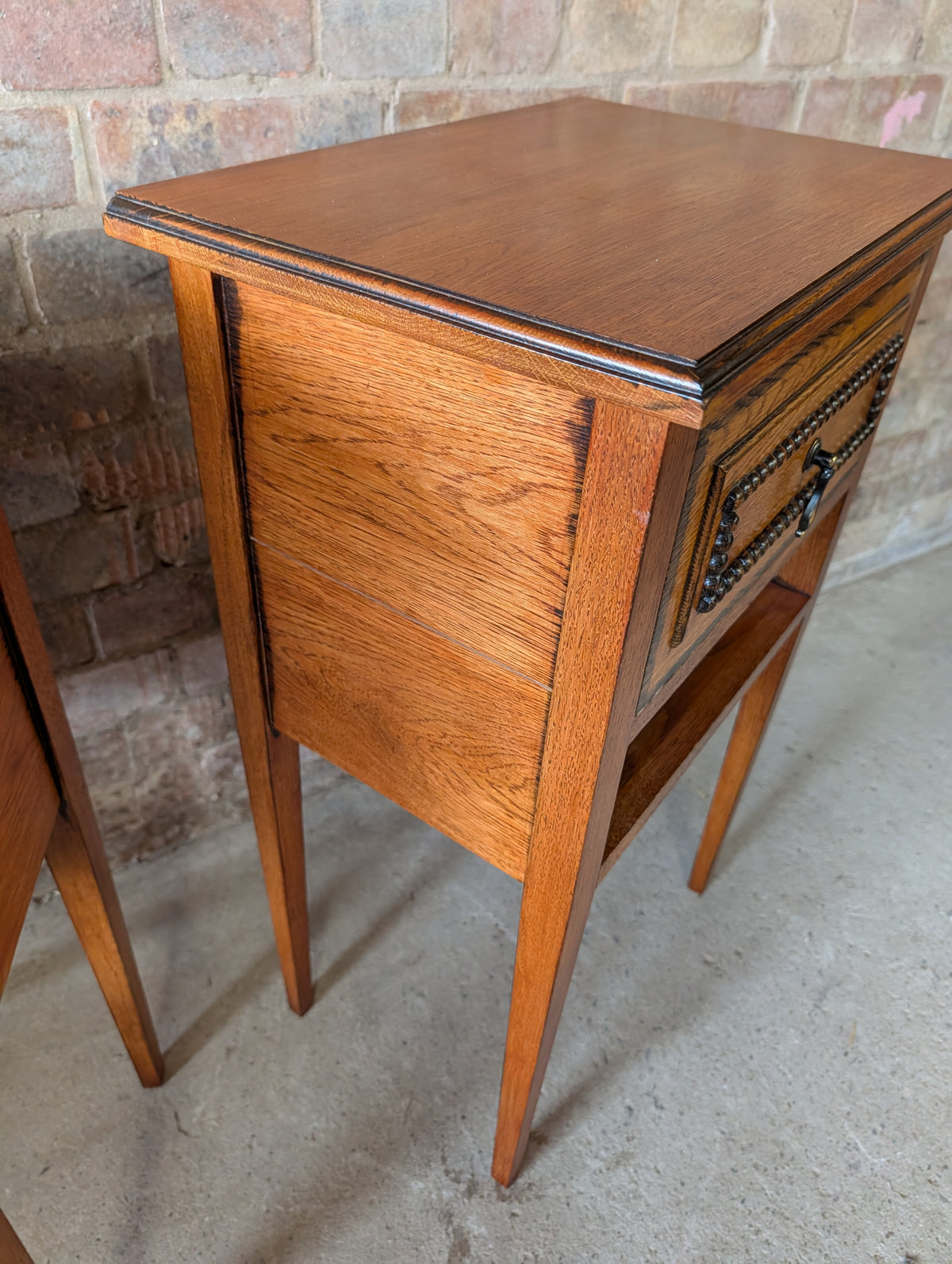 Pair Of Vintage Arts & Crafts Style Oak Bedside Cabinets Beaded Drawer Tables