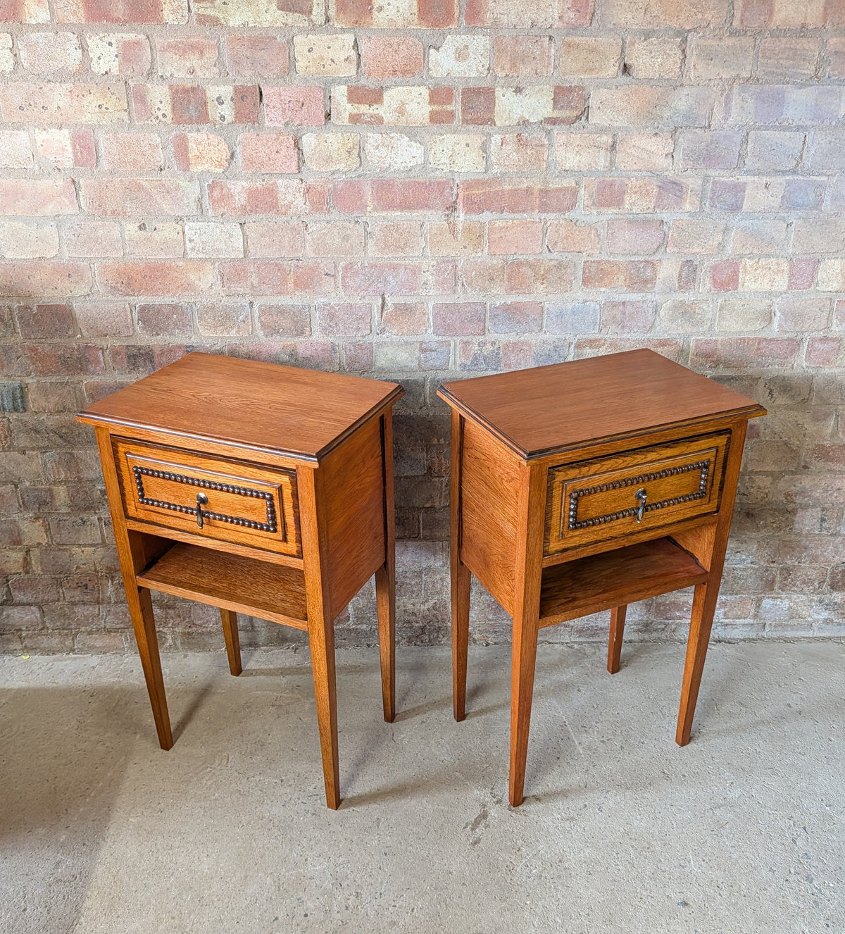 Pair Of Vintage Arts & Crafts Style Oak Bedside Cabinets Beaded Drawer Tables