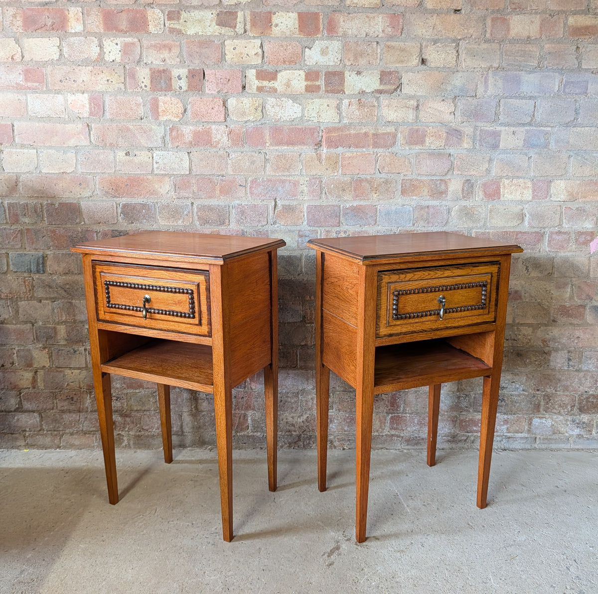 Pair Of Vintage Arts & Crafts Style Oak Bedside Cabinets Beaded Drawer Tables