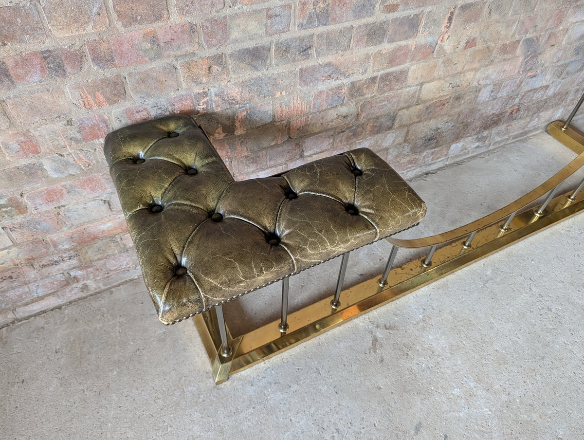 Vintage Green Leather Chesterfield Brass Club Fender/ Fire Fender