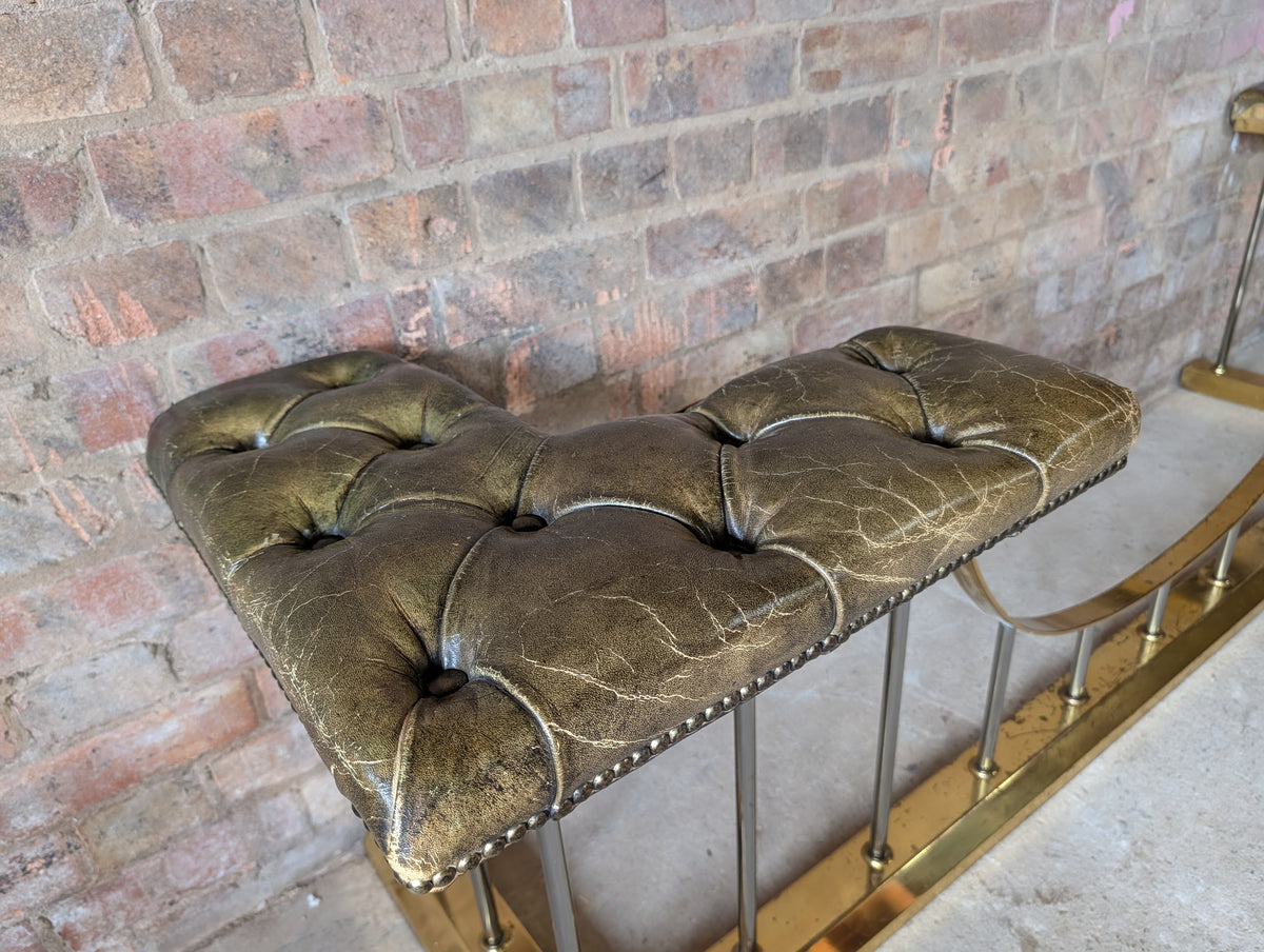 Vintage Green Leather Chesterfield Brass Club Fender/ Fire Fender