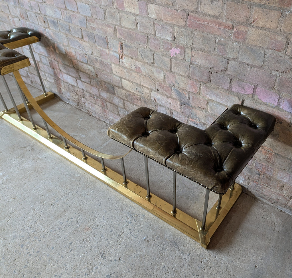 Vintage Green Leather Chesterfield Brass Club Fender/ Fire Fender