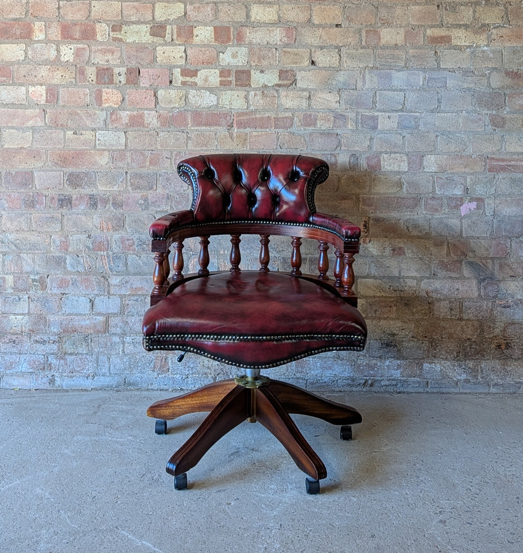 Vintage Red Leather Chesterfield Captains Chair Swivel Desk/ Office Chair