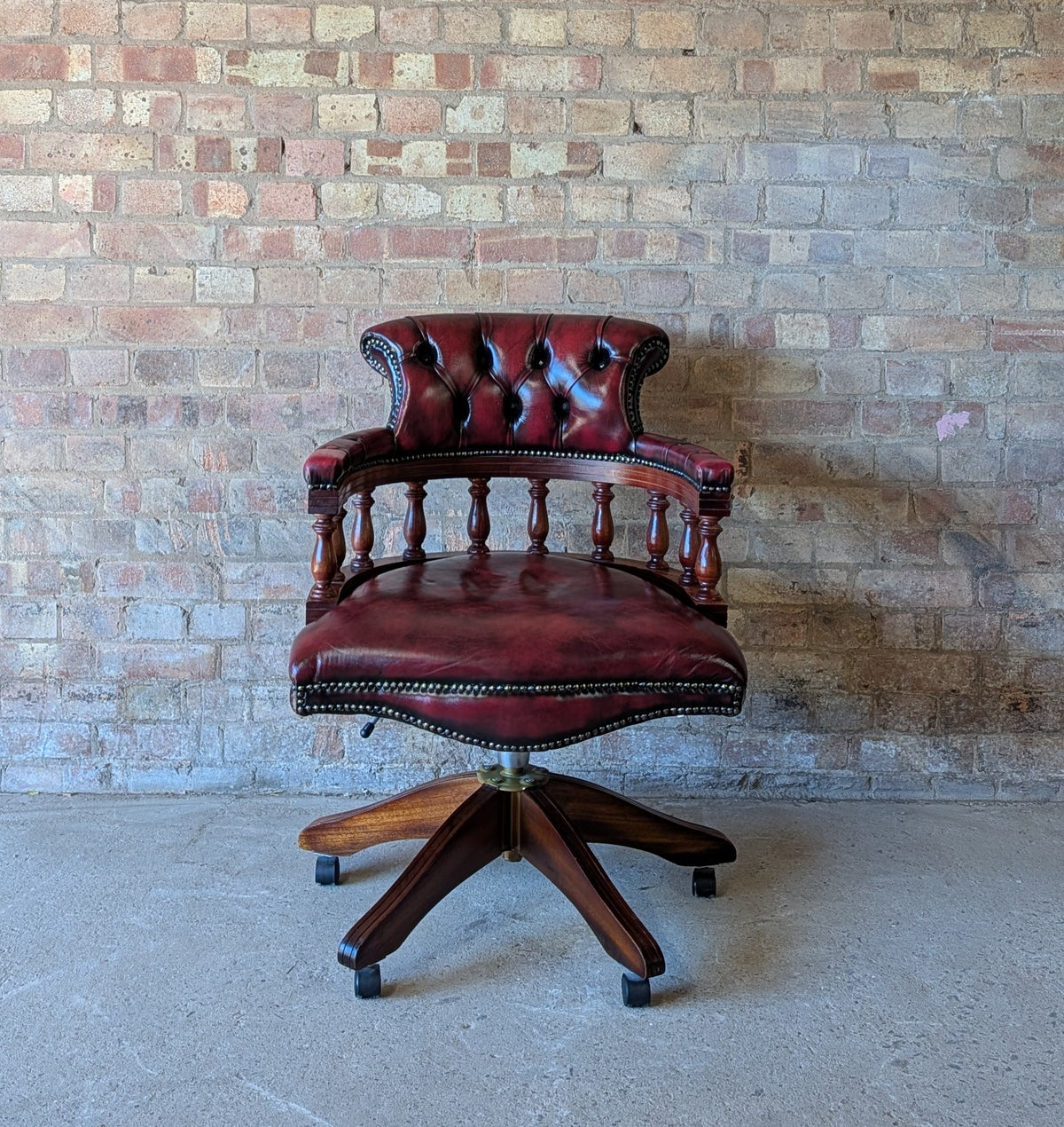 Vintage Red Leather Chesterfield Captains Chair Swivel Desk/ Office Chair