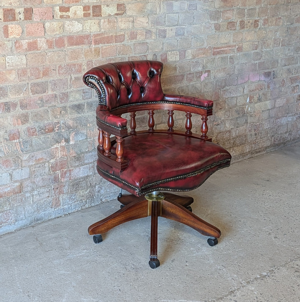 Vintage Red Leather Chesterfield Captains Chair Swivel Desk/ Office Chair