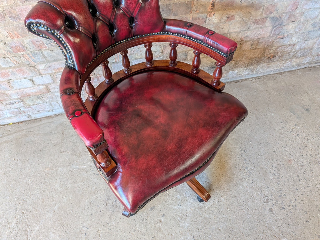 Vintage Red Leather Chesterfield Captains Chair Swivel Desk/ Office Chair