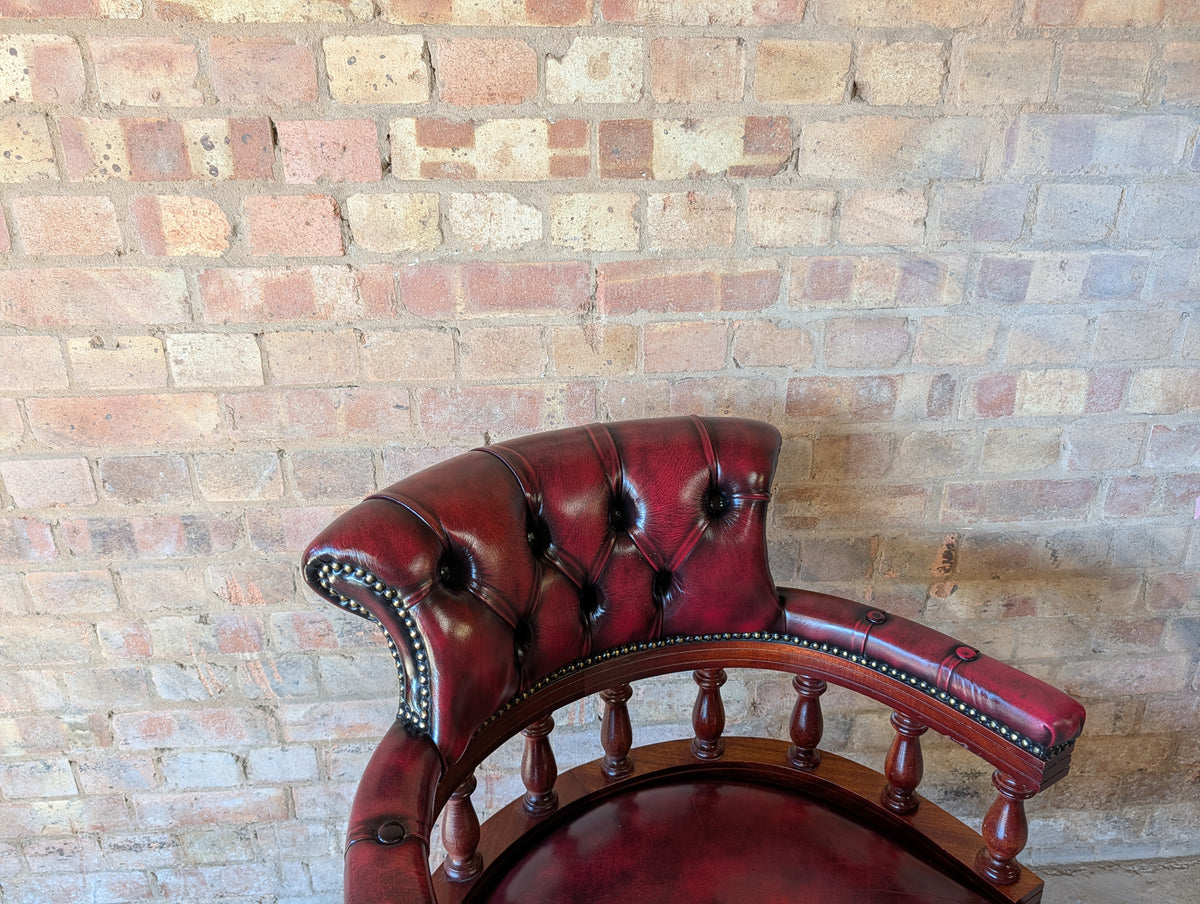 Vintage Red Leather Chesterfield Captains Chair Swivel Desk/ Office Chair