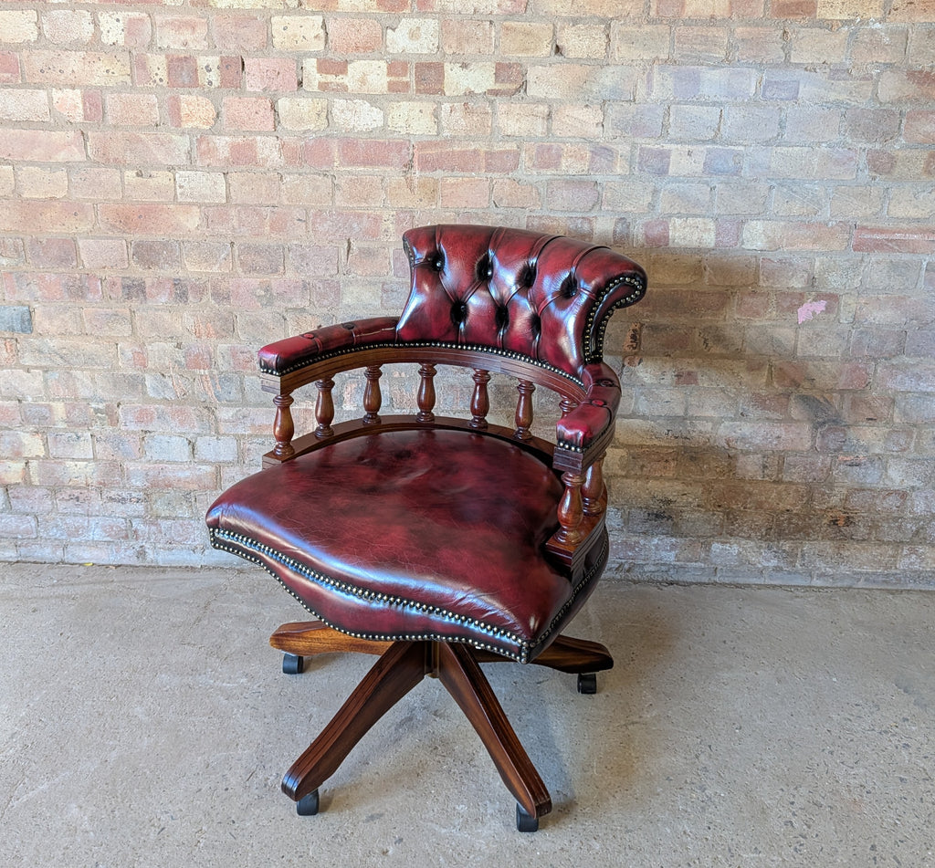 Vintage Red Leather Chesterfield Captains Chair Swivel Desk/ Office Chair