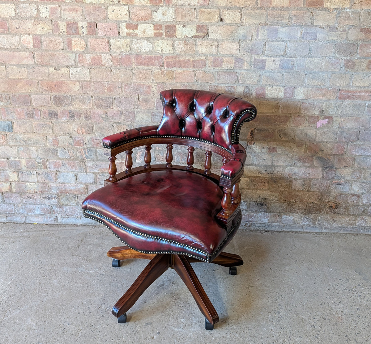 Vintage Red Leather Chesterfield Captains Chair Swivel Desk/ Office Chair