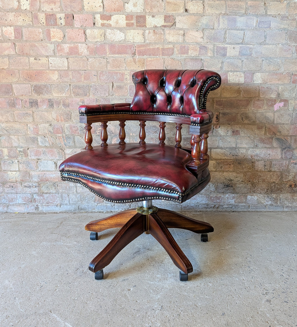 Vintage Red Leather Chesterfield Captains Chair Swivel Desk/ Office Chair