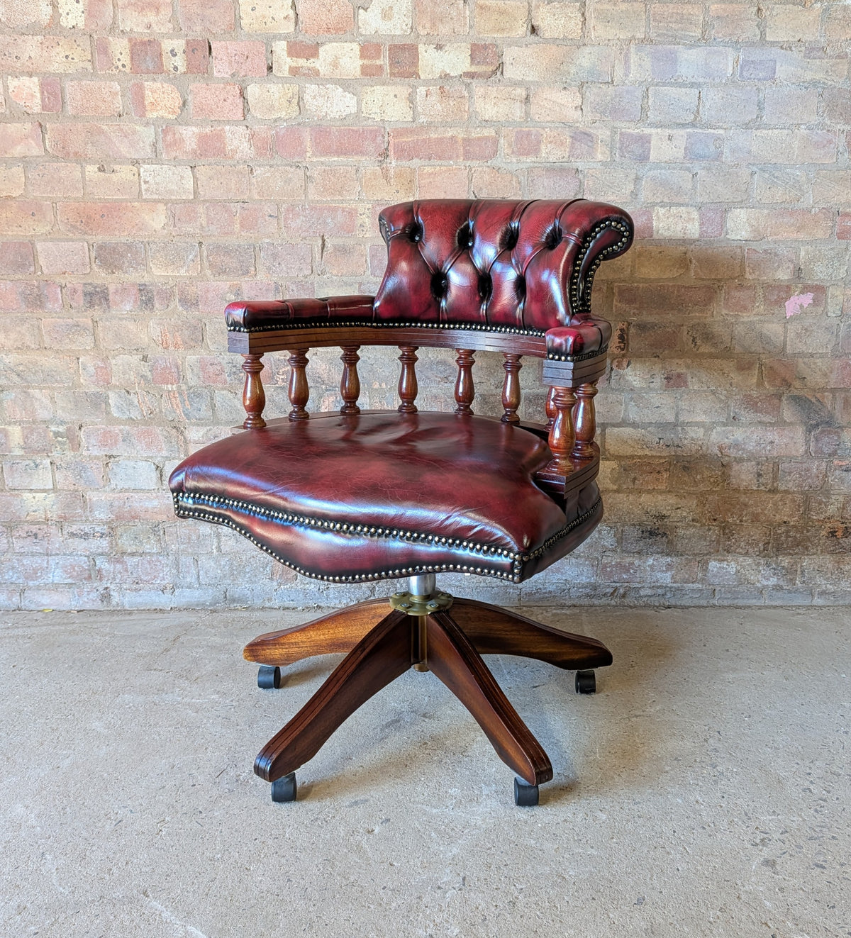 Vintage Red Leather Chesterfield Captains Chair Swivel Desk/ Office Chair
