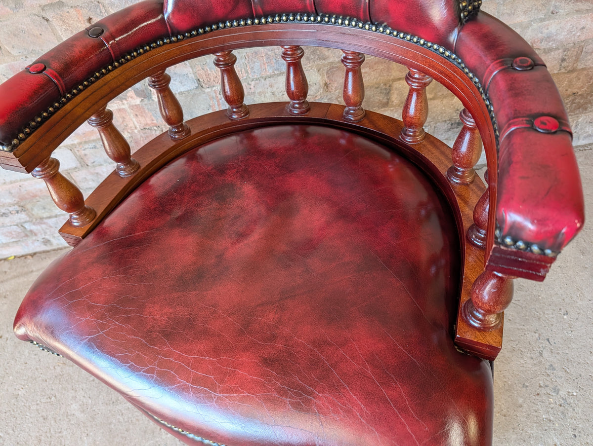 Vintage Red Leather Chesterfield Captains Chair Swivel Desk/ Office Chair