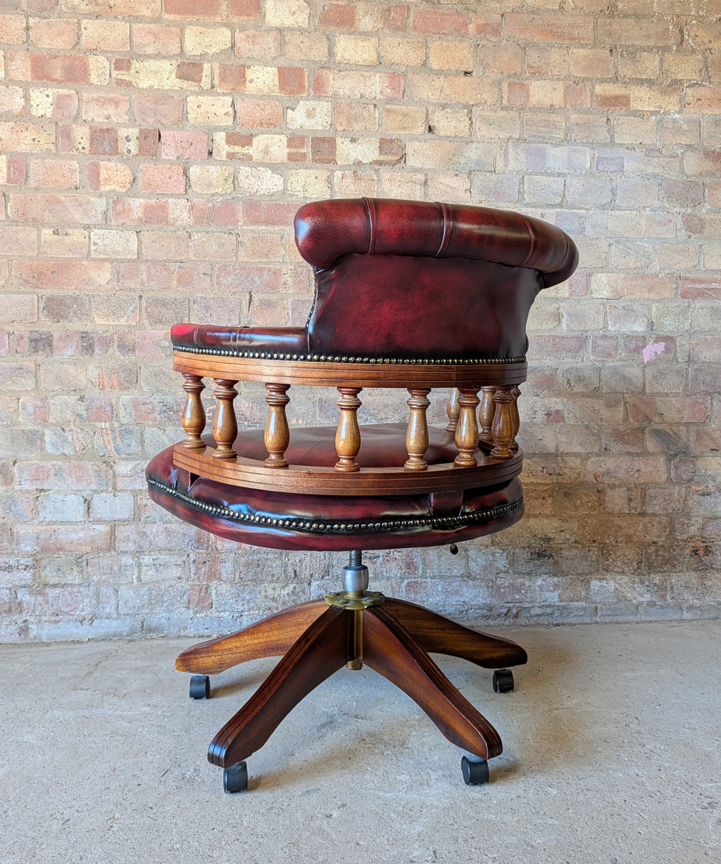 Vintage Red Leather Chesterfield Captains Chair Swivel Desk/ Office Chair