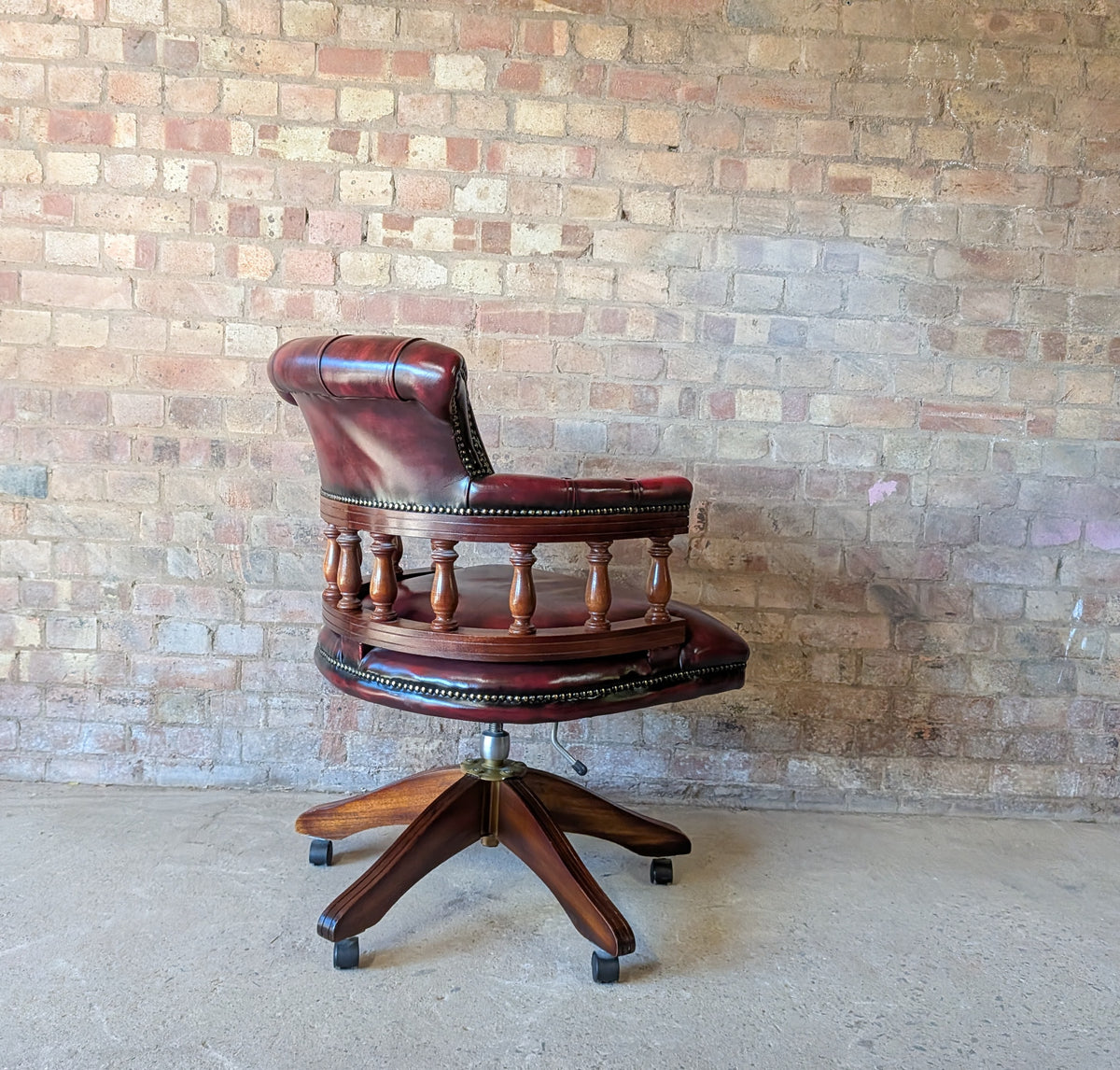 Vintage Red Leather Chesterfield Captains Chair Swivel Desk/ Office Chair