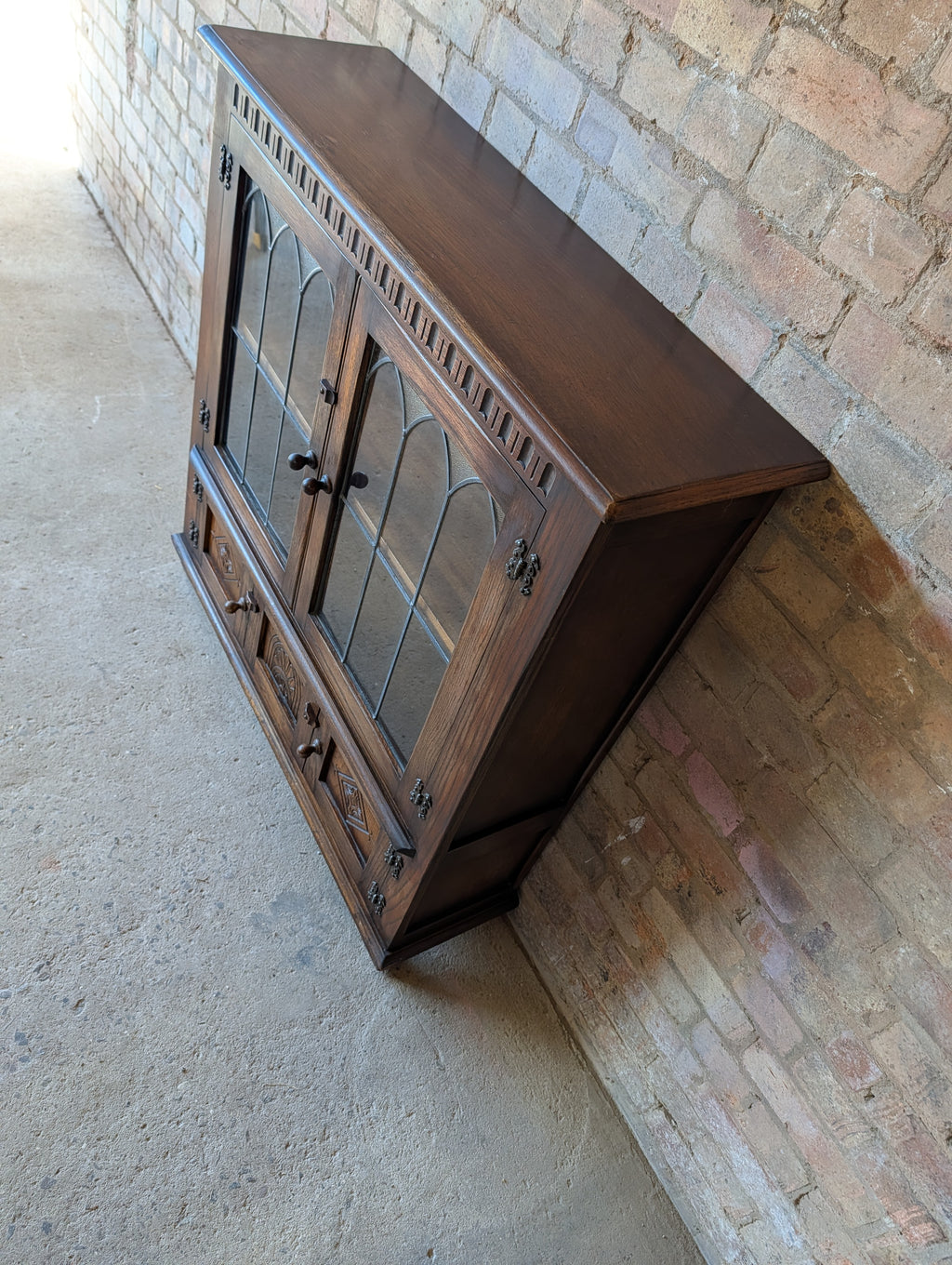 Vintage Oak Bevan Funnell Reprodux Double Door Glazed Bookcase