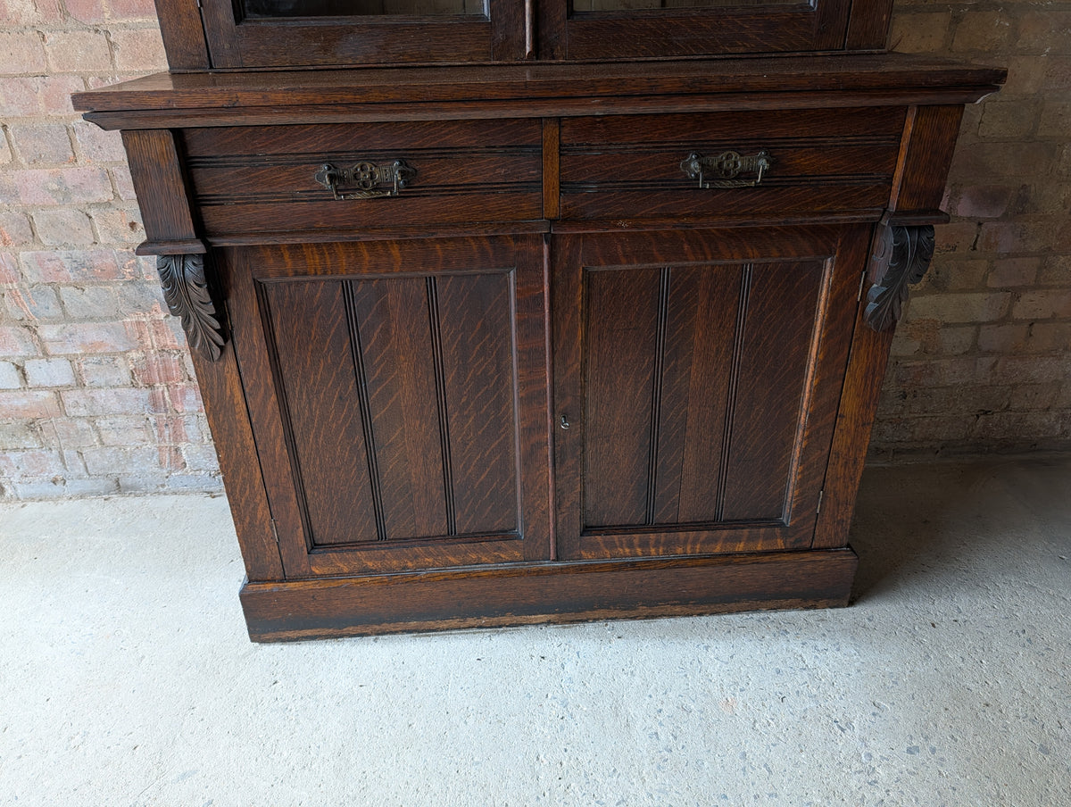 Antique Early 20th Century Oak Glazed Tall Library Bookcase