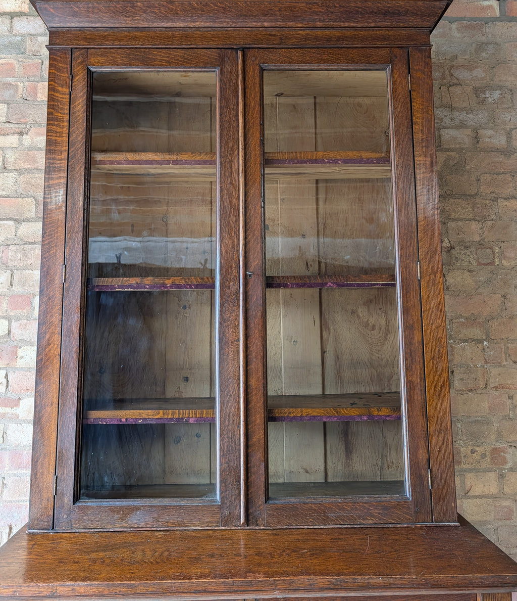 Antique Early 20th Century Oak Glazed Tall Library Bookcase