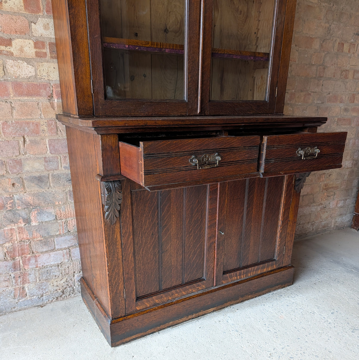 Antique Early 20th Century Oak Glazed Tall Library Bookcase