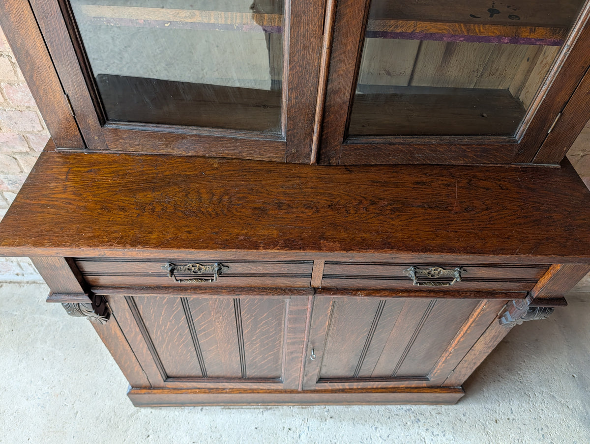 Antique Early 20th Century Oak Glazed Tall Library Bookcase