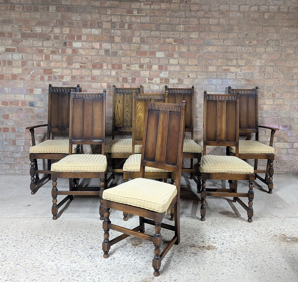 8 Vintage Ercol Old Colonial Yorkshire Oak Dining Chairs Set - Gothic Panel Back