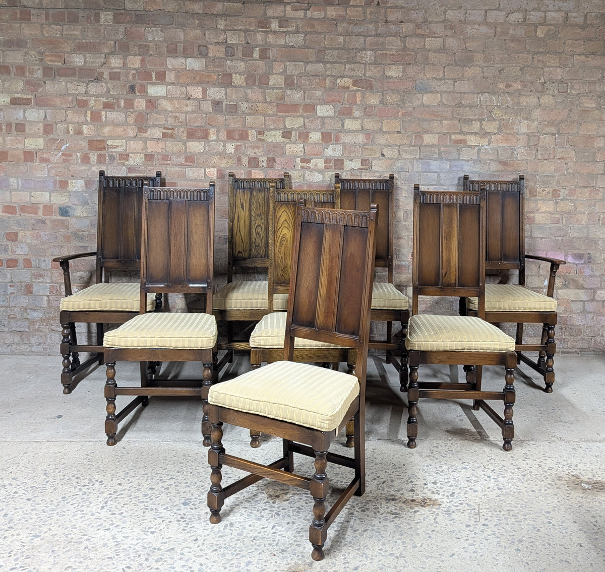 8 Vintage Ercol Old Colonial Yorkshire Oak Dining Chairs Set - Gothic Panel Back