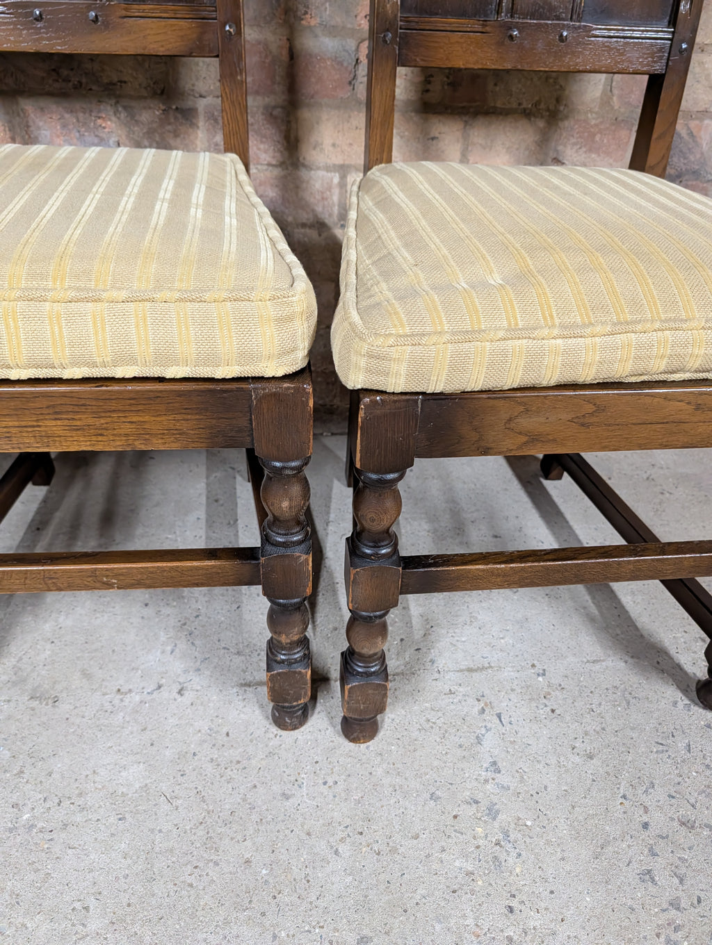 8 Vintage Ercol Old Colonial Yorkshire Oak Dining Chairs Set - Gothic Panel Back