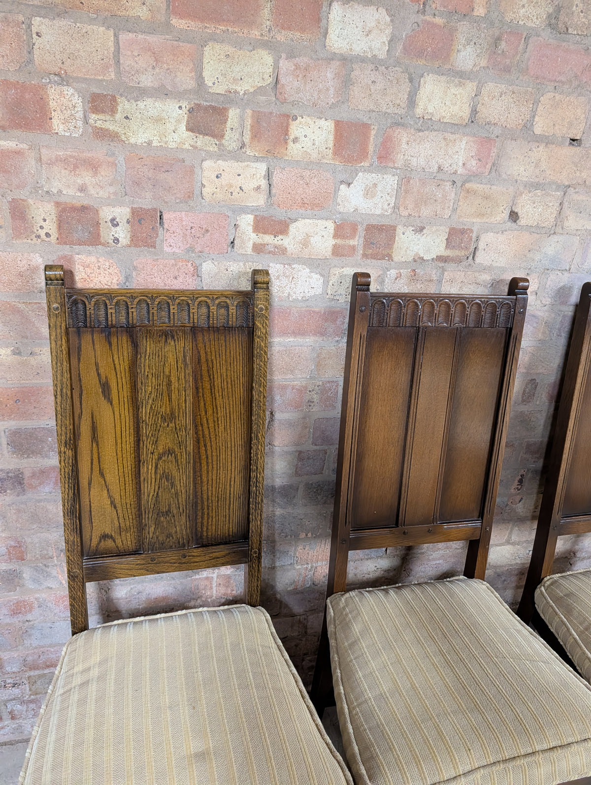 8 Vintage Ercol Old Colonial Yorkshire Oak Dining Chairs Set - Gothic Panel Back